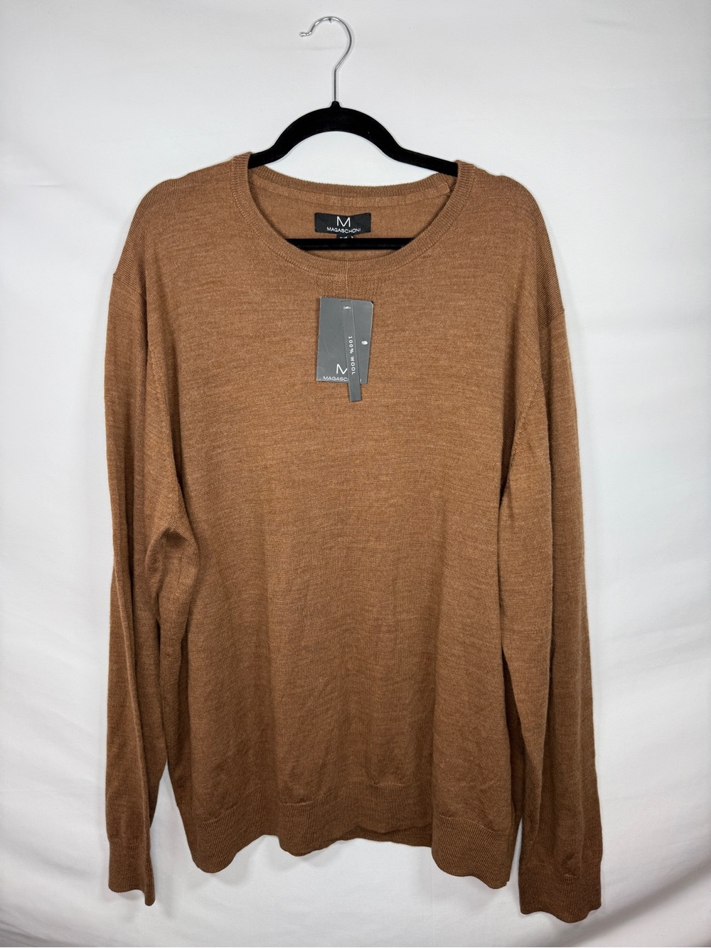 Magaschoni Mens 3XL Sweater Camel Brown 100% Wool Crewneck Pullover NWT $78